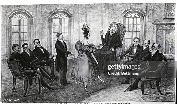 Woman called Celeste dances before a group of men, including Martin Van Buren; Andrew Jackson; Jimmy O'Neal; Amos Kendall; and Levi Woodbury.
