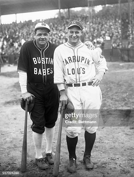 Baseball greats Babe Ruth and Lou Gehrig in uniforms labeled "Bustin' Babes" and "Larrupin' Lou's".
