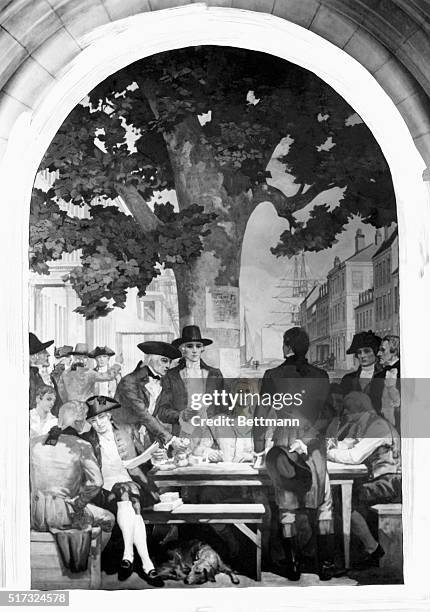 The New York Stock Exchange meeting under Buttonwood Tree on Wall St: Leonard Bleeker, Andrew Barclay, Charles McEvers, Augustine Lawrence, David...