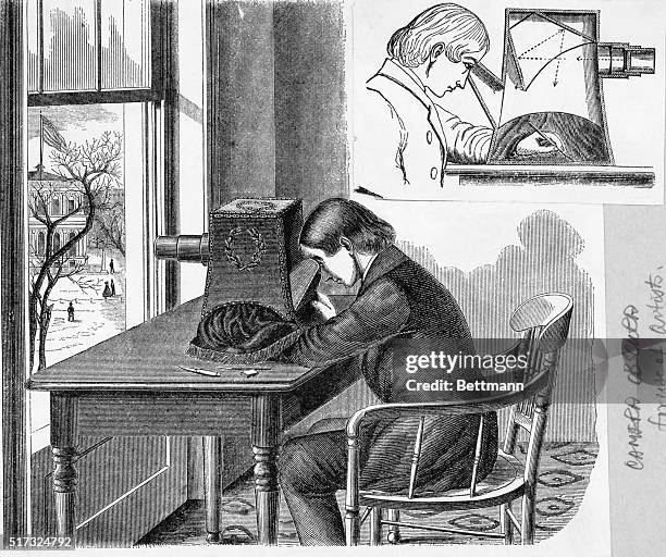 Young artist using a camera obscura. Upper right shows how it works. Victorian woodcut.