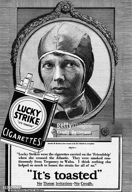 Advertisement for Lucky Strikes cigarettes, with Amelia Earhart as celebrity spokesperson. Engraving, 1928 from the American Magazine.