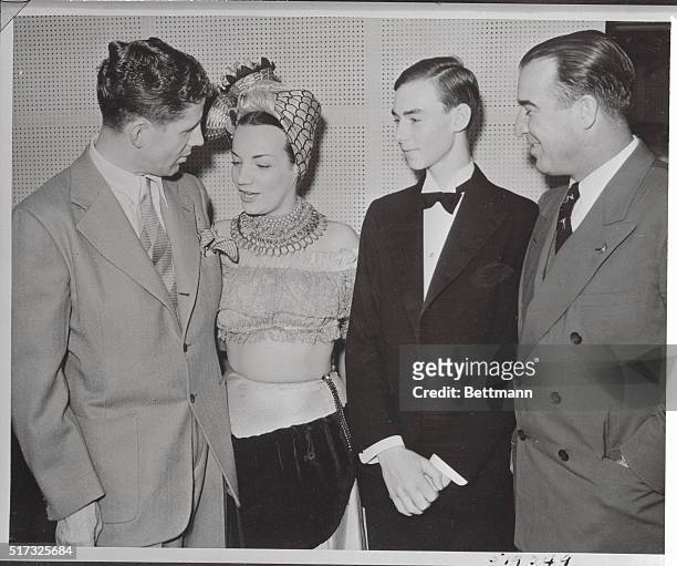 Crown Prince Jean of Luxemburg is greeted by Rudy Vallee, Carmen Miranda and Governor A. B. "Happy" Chandler, , of Kentucky, who also attended the...