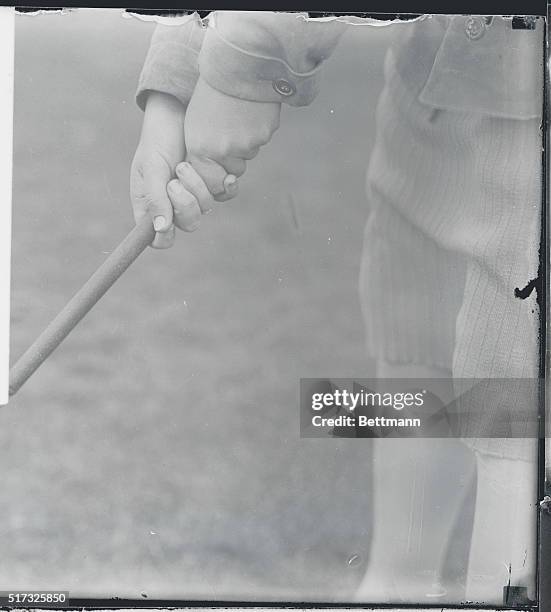 The grip that may win the British Women's Amateur Tourney for U.S. For first time in history...A closeup of the hands of Glenna Collett, national...