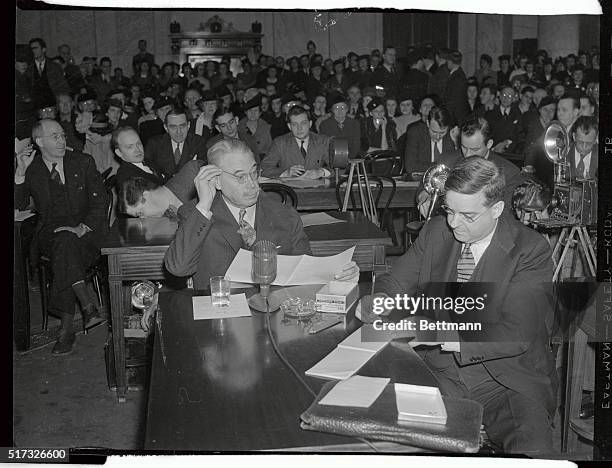 Colonel Robert R. McCormick, the publisher of the Chicago Tribune, testifies here before the Senate Foreign Relations Committee, during its hearing...