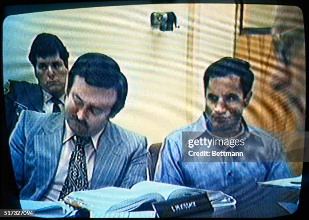 This photo shows Sirhan Sirhan and his attorney Larry McKissack sitting in courtroom.