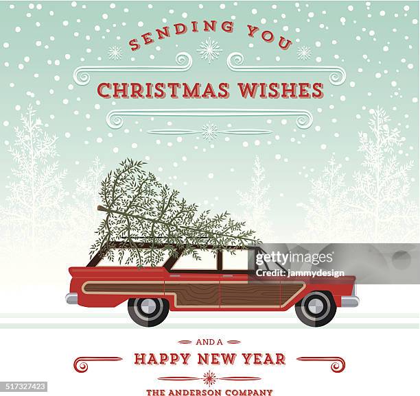 ilustraciones, imágenes clip art, dibujos animados e iconos de stock de coche furgoneta retro tarjeta de navidad con el árbol - rural