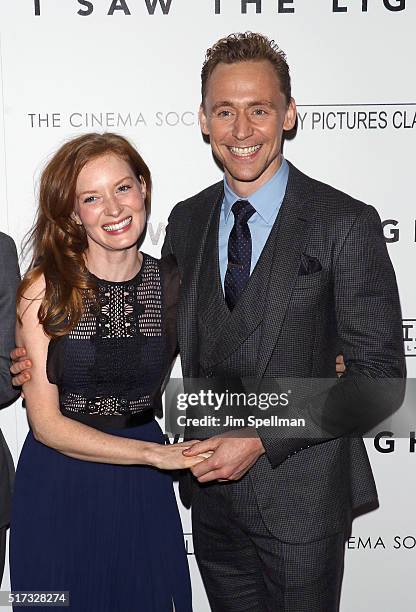 Actress Wrenn Schmidt and Tom Hiddleston attend The Cinema Society with Hestia & St-Germain host a screening of Sony Pictures Classics' "I Saw the...