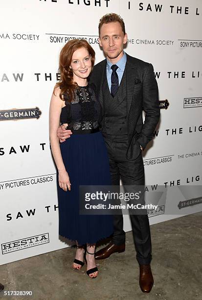 Actors Wrenn Schmidt and Tom Hiddleston attend The Cinema Society With Hestia & St-Germain Host a Screening of Sony Pictures Classics' "I Saw the...
