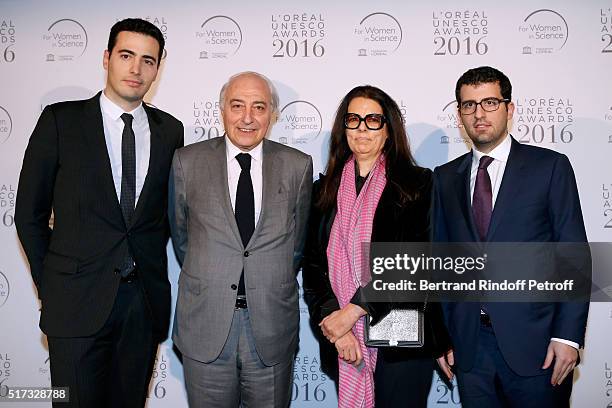 Francoise Bettencourt Meyers and her husband Jean-Pierre Meyers standing between their sons Jean-Victor Meyers and Nicolas Meyers attend the...