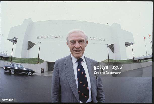 New Jersey: John McMullen, owner of the Houston Astros and the New Jersey Hockey team is shown in front of Brendan Byrne Arena.