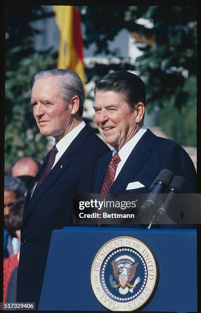 President Reagan with President Carstens of West Germany at White House welcoming ceremonies.
