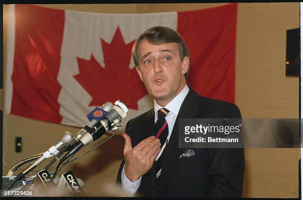 Close up of Brian Mulroney, the leader of the opposition party in Canada, the Canadian Progressive Conservative Party, speaking before a Canadian...