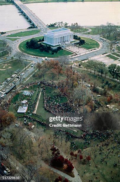 Washington, D.C.- ORIGINAL CAPTION READS: Vietnam Veteran's Memorial on the Mall, near Lincoln Memorial. Shaped like a V, each wing is of black...