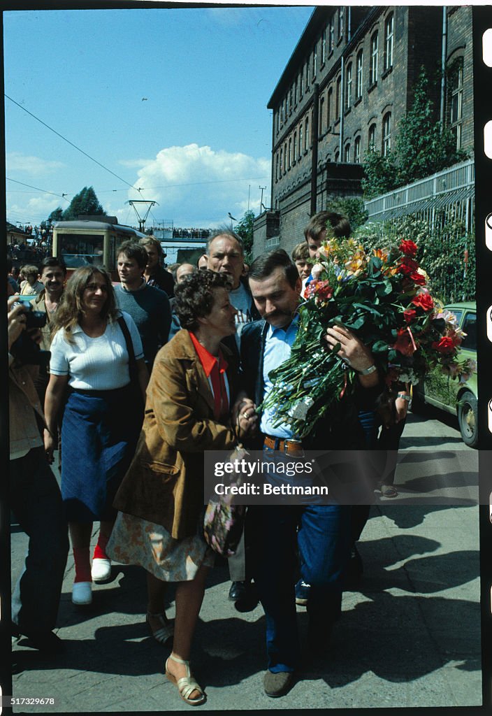 Lech Walesa Receiving Flowers