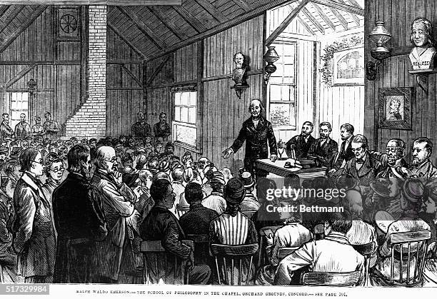 Ralph Waldo Emerson addresses a large audience in a Concord, Massachusetts, chapel during a meeting of the Summer School of Philosophy. The School,...