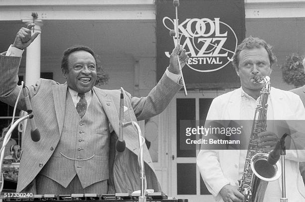 Jazz musicians Lionel Hampton, on the vibraphone, and Stan Getz, playing the saxophone, perform at the ten day Kool Jazz Festival at Gracie Mansion...