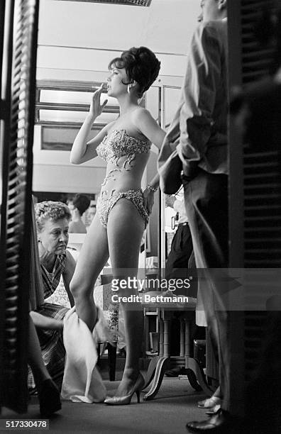 Natalie Wood in costume, in her dressing room after shooting a scene in Gypsy, the musical of the life of stripper Louise "Gypsy Rose Lee" Hovick .