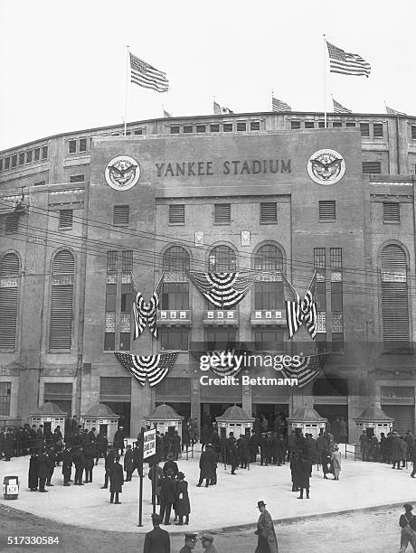 New York, NY: Opening of Yankee Stadium showing the entrance to the immense stadium.