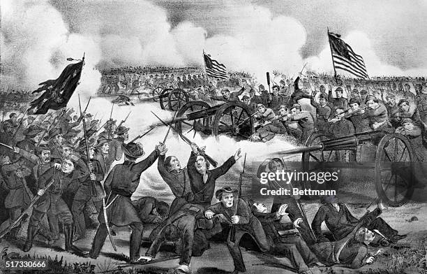 The "Army of the Potomac" under General Meade in combat with the "Army of Virginia" at Gettysburg Battlefield, July 3, 1863. Lithograph by Currier &...