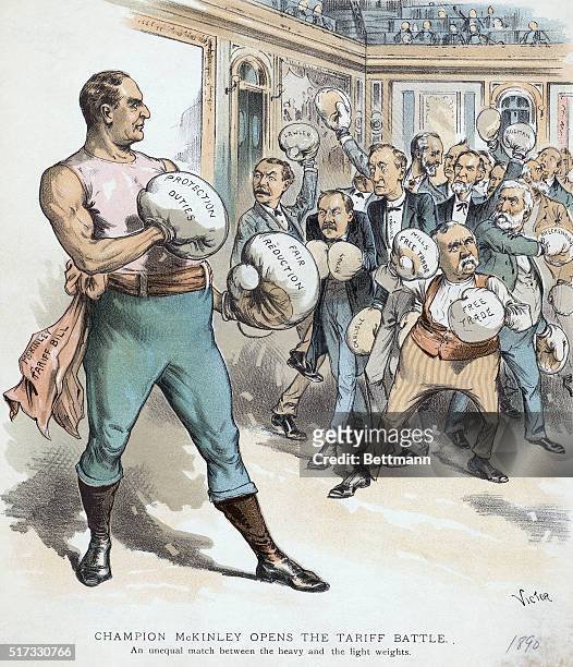 President McKinley wears boxing gloves in this political cartoon, fighting the "lightweight" free trade advocates. The caption reads, "Champion...