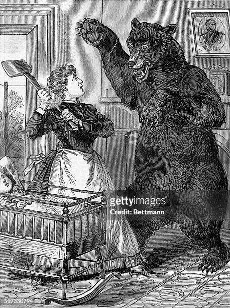 Frontier woman in a lonely district gets after a giant grizzly bear with an axe. Undated woodcut. BPA2# 3728