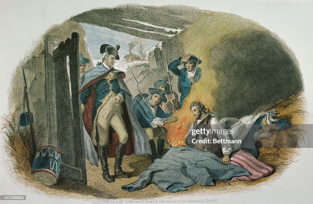 Colored Engraving of George Washington Visiting Wounded Soldiers, Valley Forge