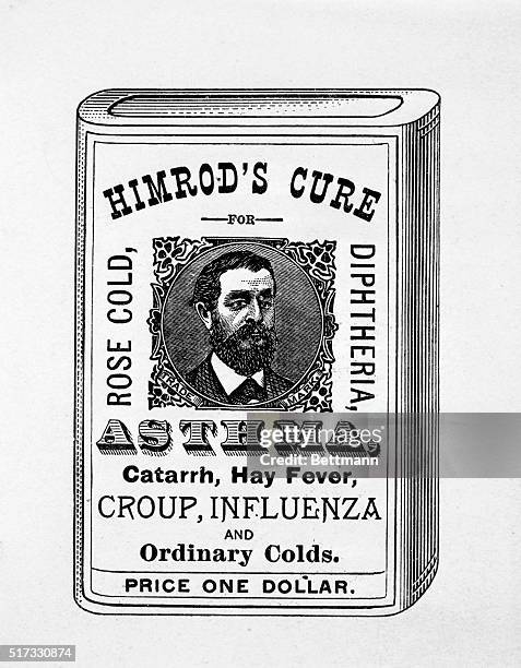 Ad for Himrod's cure, a patent medicine which purports to cure rose cold, diptheria, asthma, catarrh, hay fever, croup, influenza, and ordinary colds...