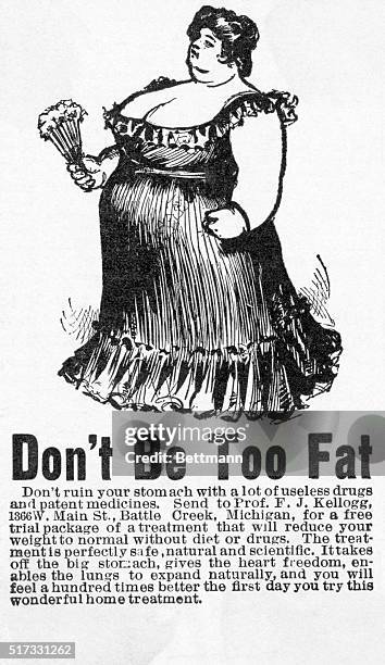 Woodcut advertisement for Professor F.J. Kellogg's weight loss remedy.