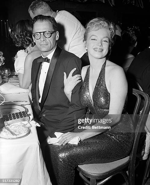 Actress Marilyn Monroe and playwright Arthur Miller attending the April in Paris ball, at the Waldorf-Astoria, which benefits the French Hospital and...