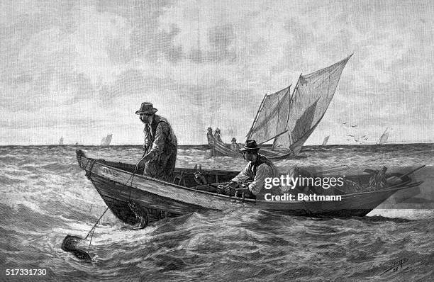 Cod fishing. Woodcut from Harper's Weekly, 1885. BPA 2