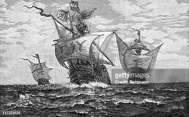 Christopher Columbus' flagship, the Santa Maria, and his companion ships The Pinta and the Nina approaching land. Undated Woodcut.