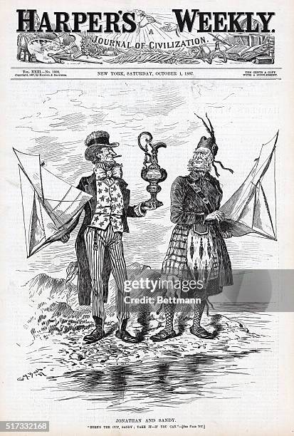 Cover of Harper's Weekly from October 1 featuring an illustration entitled "JONATHAN AND SANDY," depicting the battle over the America's Cup. The...