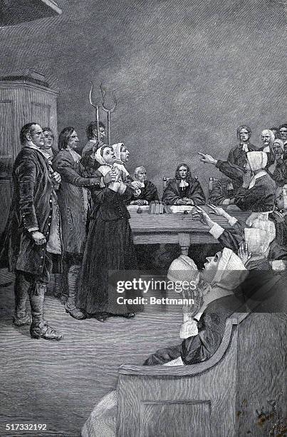 Illustration, "THERE IS A FLOCK OF YELLOW BIRDS AROUND HER HEAD," depicting the accusation of a bedeviled girl during the Salem witch trials....