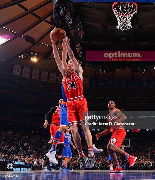 Mike Dunleavy of the Chicago Bulls grabs the rebound against the New York Knicks at Madison Square Garden on March 24, 2015 in New York,New York NOTE...