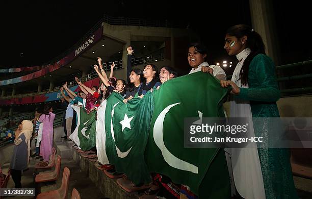 Pakistan fans celebrate during the Women's ICC World Twenty20 India 2016 match between Pakistan and Bangladesh at Feroz Shah Kotla Ground on March...