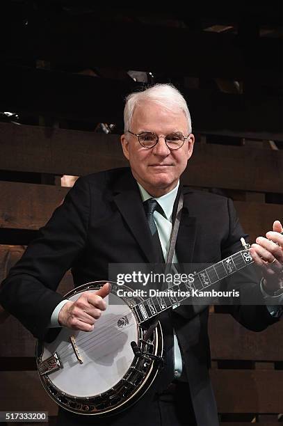 Comedian Steve Martin plays the banjo during "Bright Star" Opening Night on Broadway Curtain Call at The Cort Theatre on March 24, 2016 in New York...