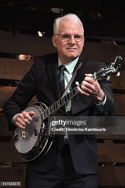 Comedian Steve Martin plays the banjo during "Bright Star" Opening Night on Broadway Curtain Call at The Cort Theatre on March 24, 2016 in New York...