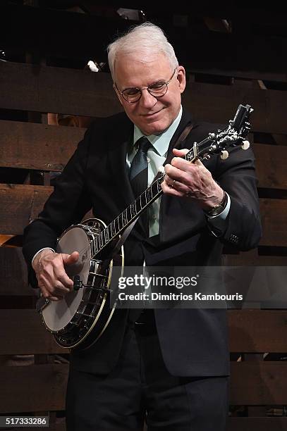 Comedian Steve Martin plays the banjo during "Bright Star" Opening Night on Broadway Curtain Call at The Cort Theatre on March 24, 2016 in New York...