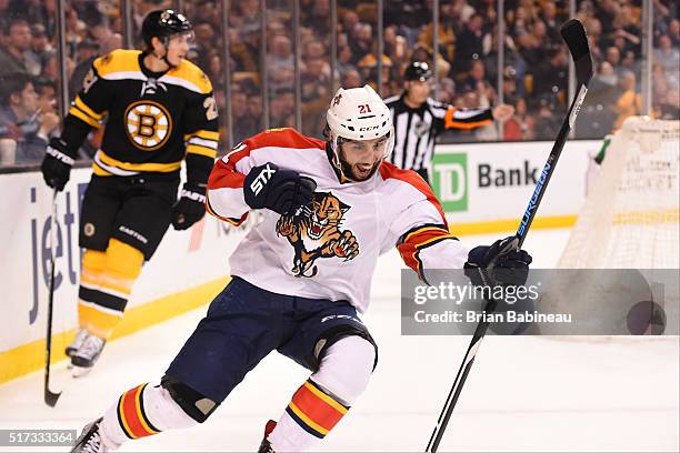 Vincent Trocheck of the Florida Panthers celebrates a goal against the Boston Bruins at the TD Garden on March 24, 2016 in Boston, Massachusetts.
