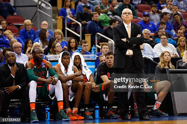 Head coach Jim Larranaga of the Miami Hurricanes looks on in the second half against the Villanova Wildcats during the 2016 NCAA Men's Basketball...