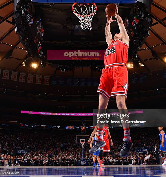 Mike Dunleavy of the Chicago Bulls grabs the rebound against the New York Knicks at Madison Square Garden on March 24, 2016 in New York,New York NOTE...