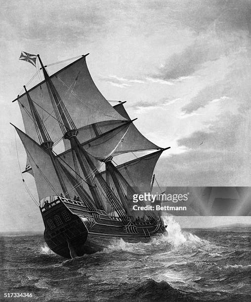 The Mayflower. Engraving published by John A. Lowell after Marshall Johnson. BPA2# 5132