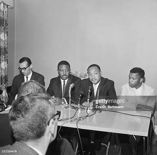 Leaders of the Freedom Riders, Reverend Ralph Abernathy, Reverend Martin Luther King Jr., and John Lewis hold a press conference in Montgomery,...