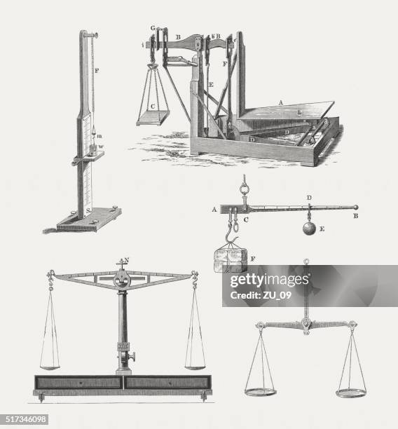 historische waage, holz gravuren, veröffentlichte im 1880 - beam scales stock-grafiken, -clipart, -cartoons und -symbole