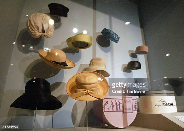 Hats worn by Jacqueline Kennedy are displayed at the Jacqueline Kennedy exhibit November 12, 2004 at the Field Museum in Chicago, Illinois. The Field...