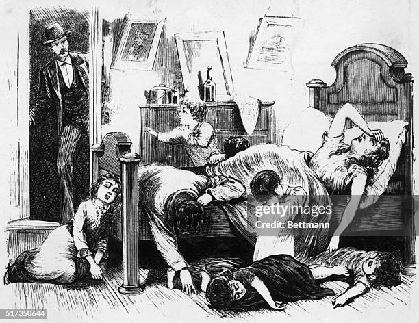 Engraving depicting a sad scene in a Jefferson Street Dwelling in Memphis. From a series of images entitled "THE GREAT YELLOW FEVER SCOURGE --...