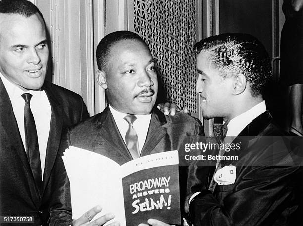 New York, NY: Entertainers Harry Belafonte and Sammy Davis Jr. Join Dr. Martin Luther King Jr. At a Times Square benefit show called "Broadway...