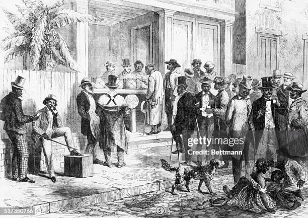 Illustration depicting freedmen voting in New Orleans, after being herded to the polls by carpetbaggers. Woodcut, dated 1867, from a series of...