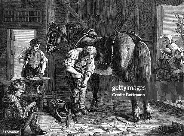Engraving entitled "THE VILLAGE BLACKSMITH," from a painting by R. Elmore. Undated illustration. BPA2# 3072