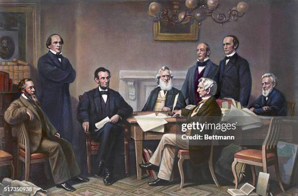 Abraham Lincoln reading the Emancipation Proclamation before his cabinet. From an engraving by Alexander Hay Ritchie after a painting by Francis...